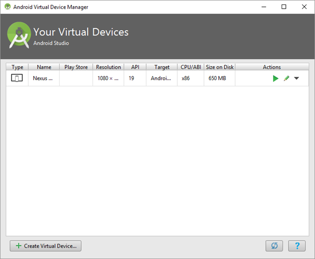 Android AVD Manager - Your Virtual Devices list